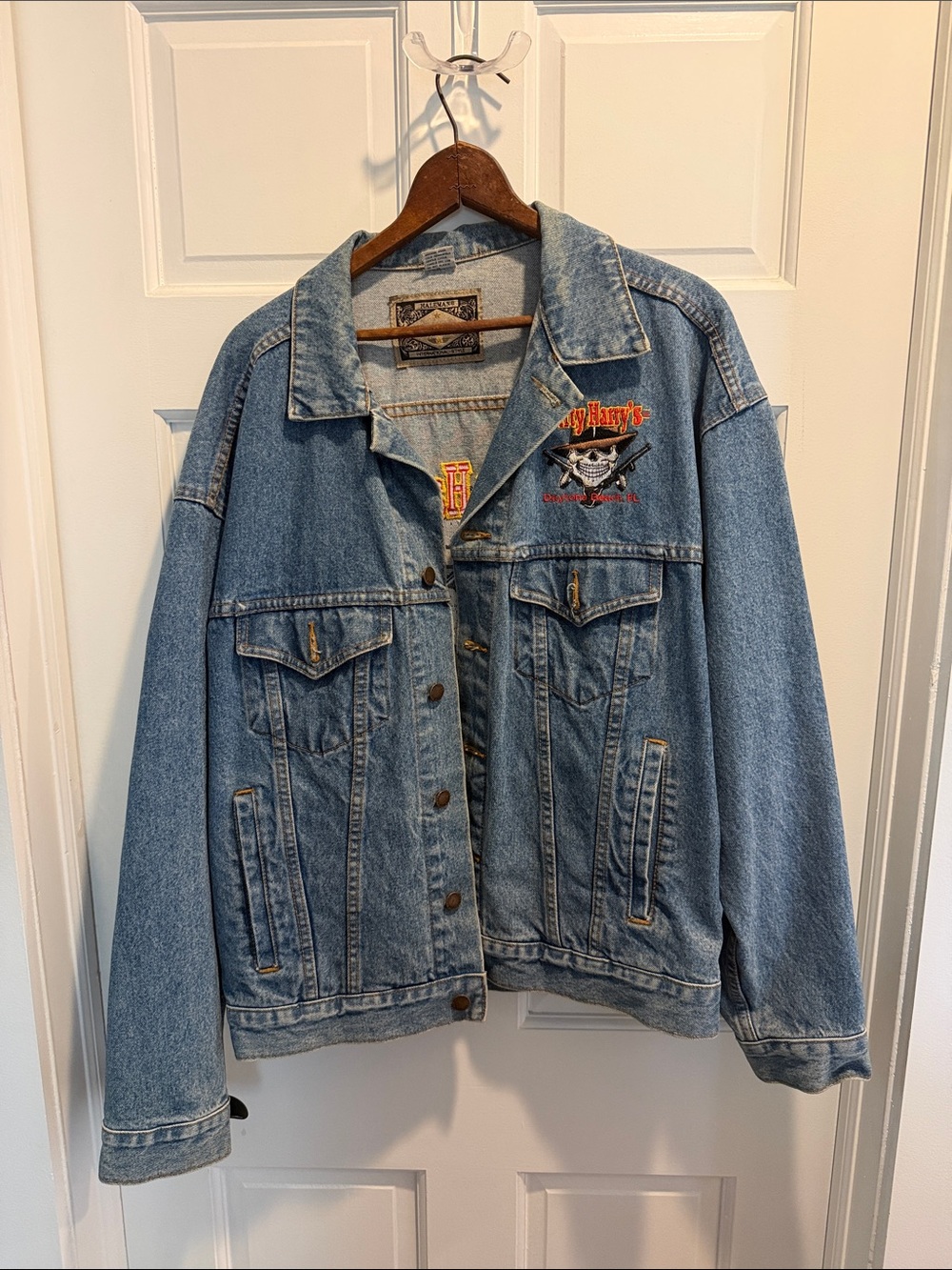 Light Wash Denim Trucker Jacket with Embroidered Skull Detail
